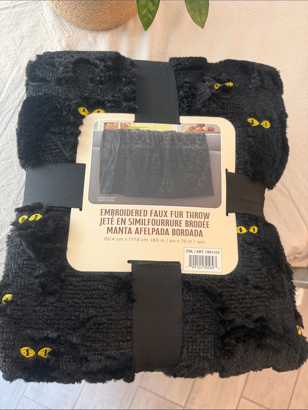 Embroidered Faux Fur Throw Blanket - Black with Yellow Eyes